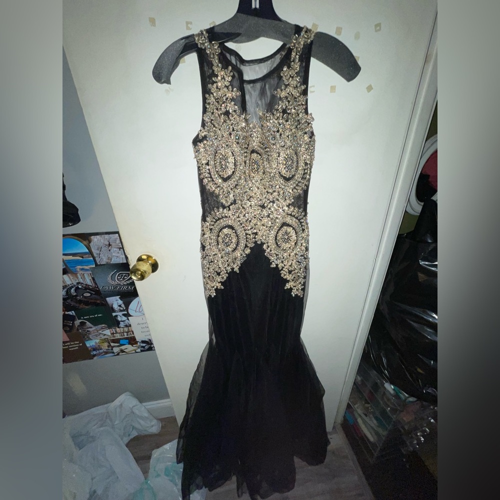 Black and gold prom dress own once